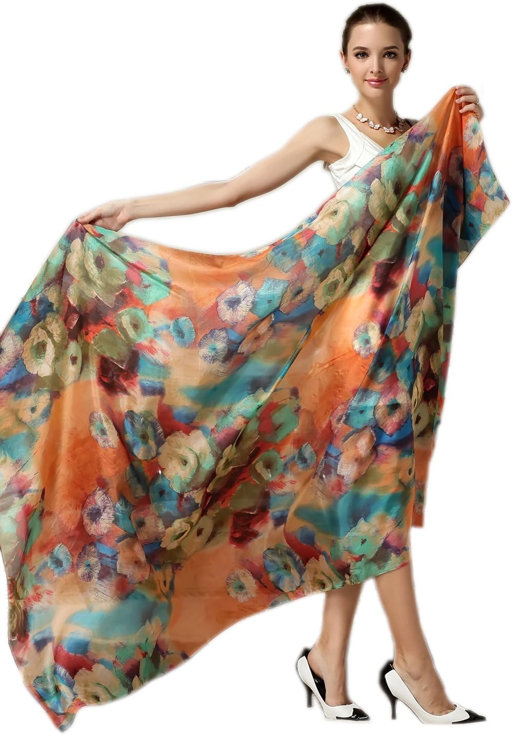 Women Fashion Silk Scarf Oblong Floral Oversize Soft Shawl Beach Wrap