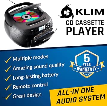 KLIM CD + Cassette Tape Player, Bluetooth CD Boombox, AM/FM Radio, Stereo Sound, Remote, CD and Cassette Player Combo, Tape Recording, USB Drive, AUX