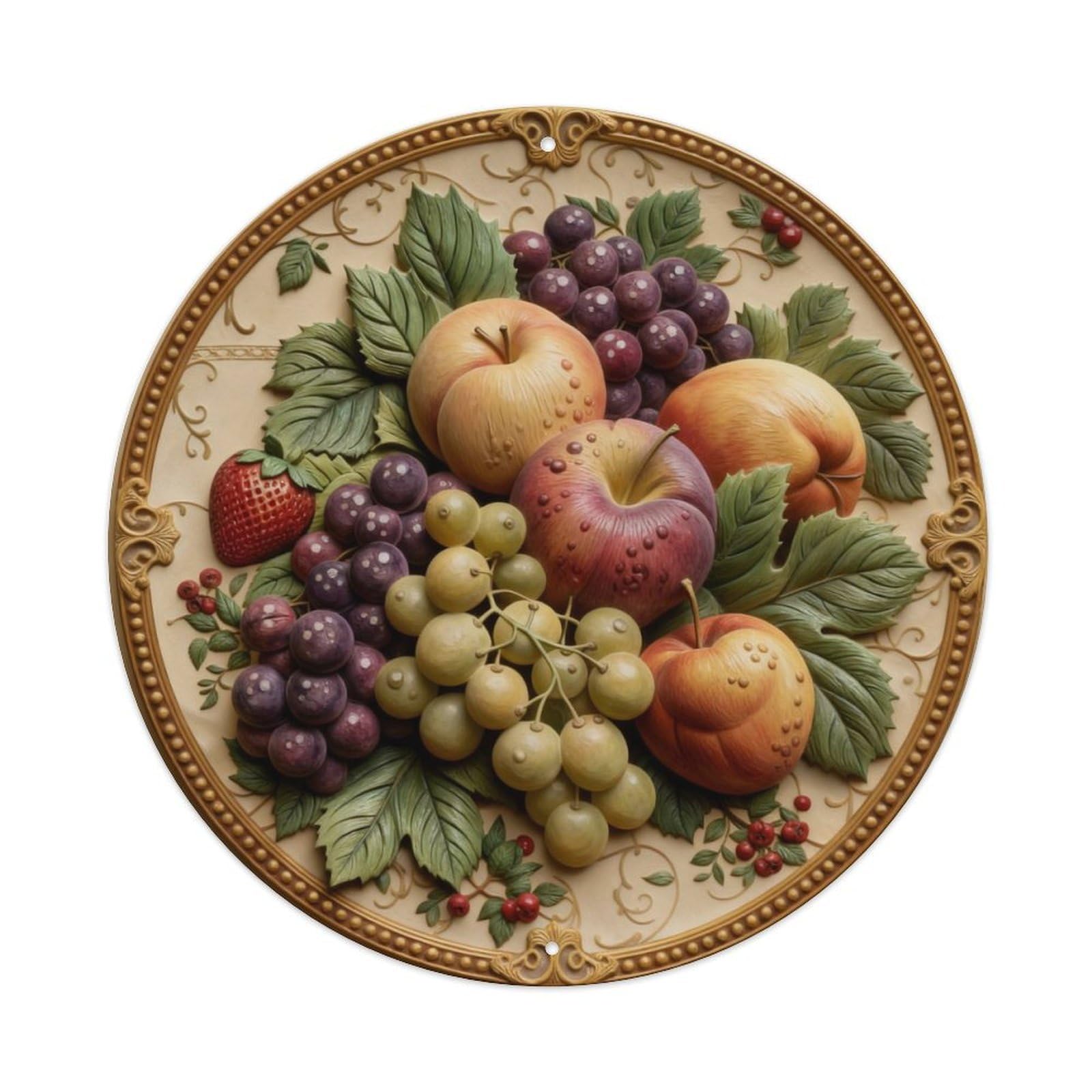 Fruit Arrangement With Leaves And Grapes Round Metal Tin Sign Vintage Wall Decor, Bar Garage Cafe Kitchen Home Wall Art Poster 8x8inches
