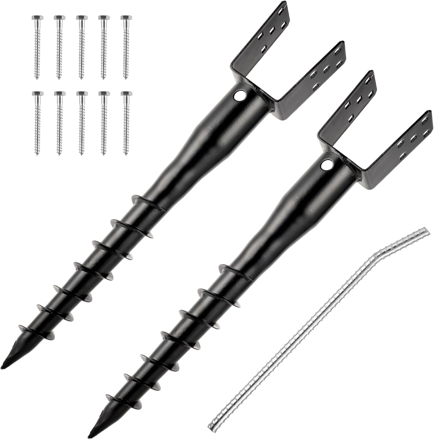 No Dig Ground Screw Anchor - Black U Shaped Post Stake for 4x4 Wood Posts, Includes Lag Bolts & 27" Rebar, for Mailbox Posts and Fence Posts Anchor, 2 Pack