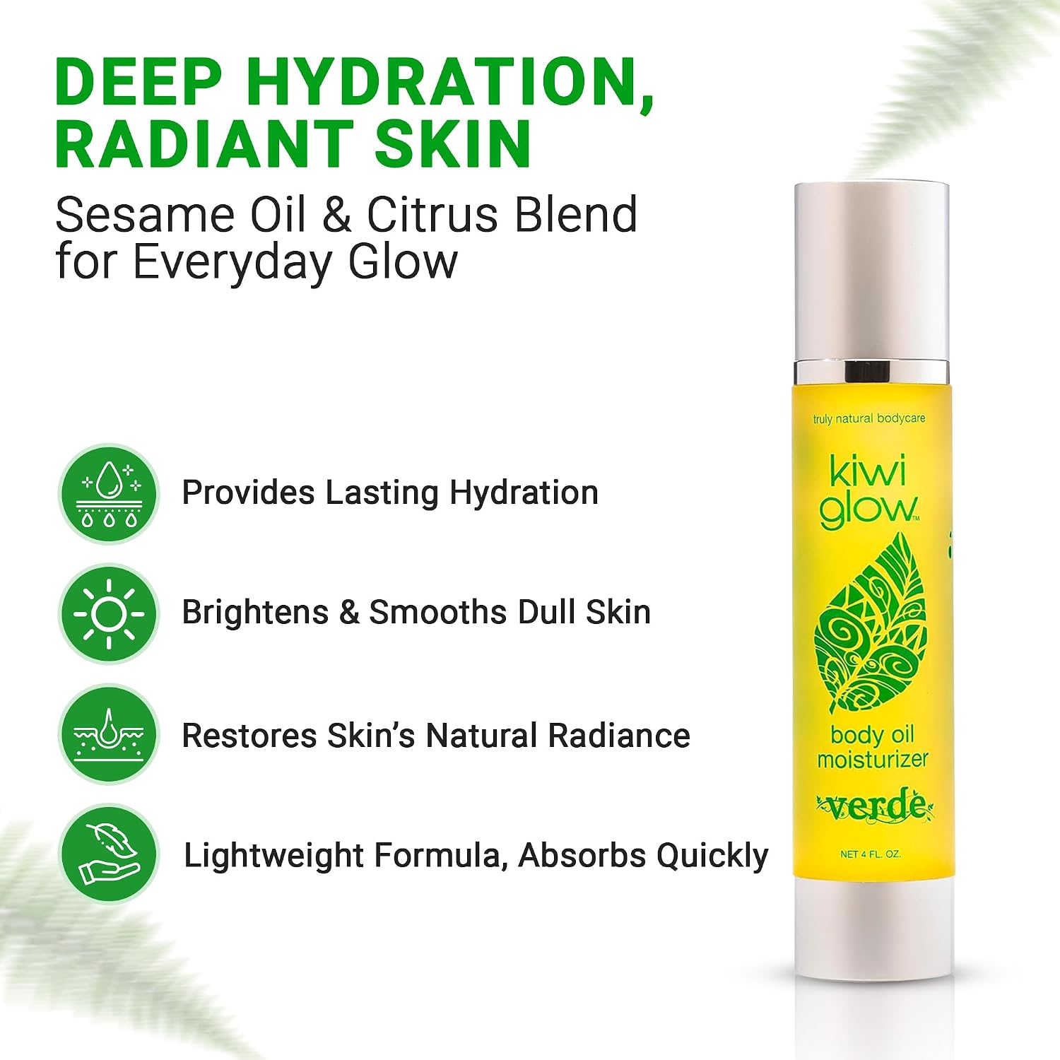 Kiwi Glow Verde Vegan Body Oil – Fast-Absorbing Non-Greasy Body Moisturizer for Dry Dull Skin – Plant-Based Sesame Citrus Cardamom – Cruelty-Free USA Made – 4 oz