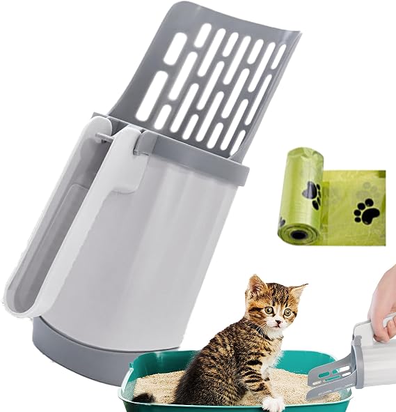 Litter Box Scooper with Holder, PP 2-in-1 Cat Litter Scoop with Trash Bag Storage, Large Capacity Scooper for All Litter Types
