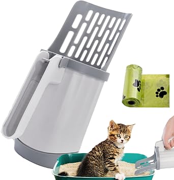Litter Box Scooper with Holder, PP 2-in-1 Cat Litter Scoop with Trash Bag Storage, Large Capacity Scooper for All Litter Types