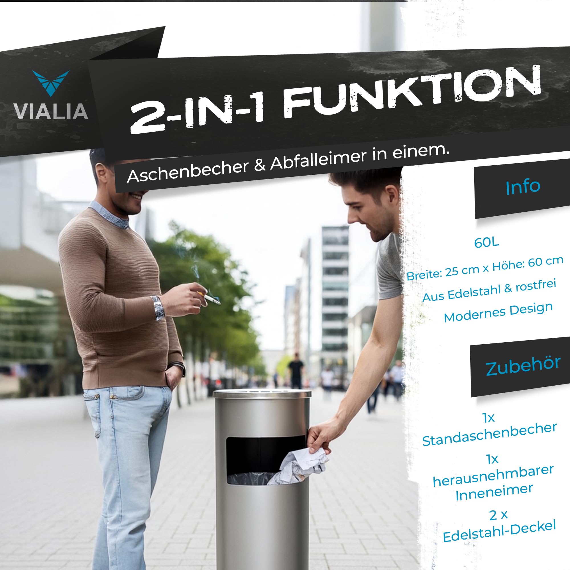 Standaschenbecher Edelstahl 2-in-1 Mülleimer mit Aschenbecher