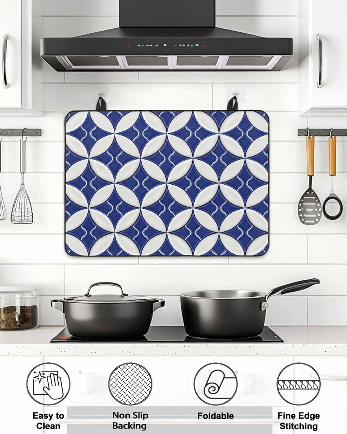 Stove Top Cover Navy Blue Geometric Stove Cover for Electric Stove Top Modern Circle Lines Glass Cooktop Covers Anti-Slip Mat Heat Resistant Countertop Protector Kitchen Decor 31"x24"