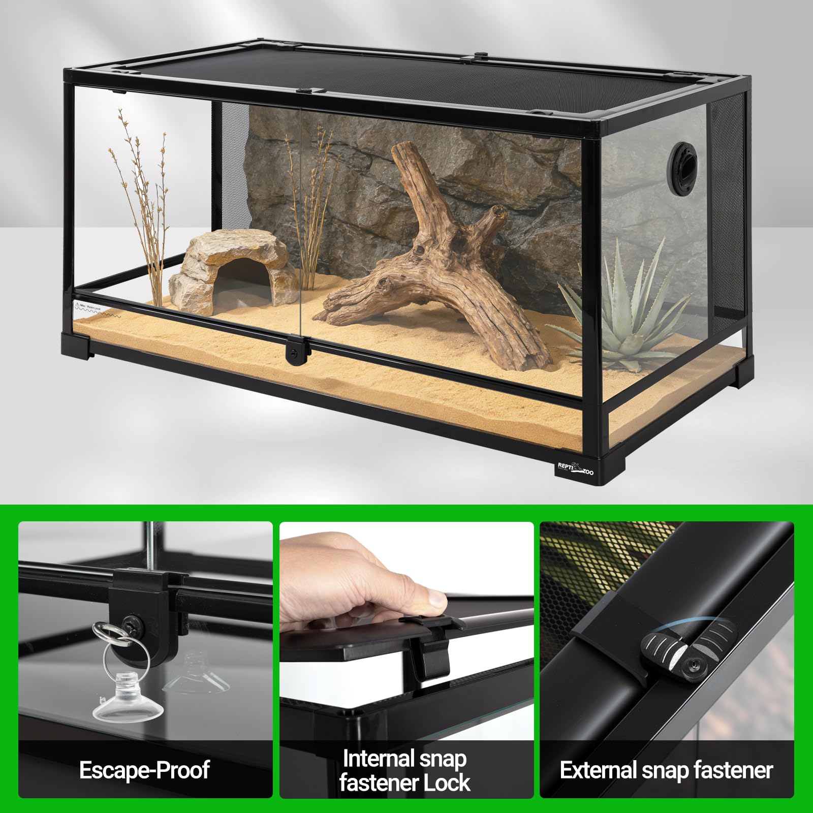 REPTI ZOO Zbiornik ze szkła gadów, terrarium 2 w 1, boczne oczka i szyby boczne, podwójne zawiasy, drzwi z wentylacją, szkło hartowane, 91 x 45 cm x 45 cm
