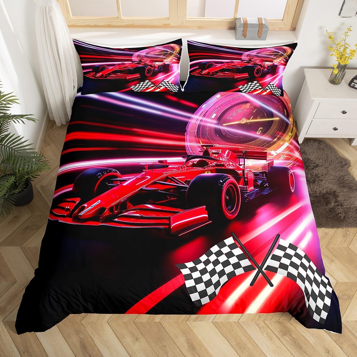 jejeloiu Kids Race Car Bedding Set Toddler Size, Speed Sports Car Comforter Cover Racing Car Duvet Cover Boys Girls Extreme Sports Teens Bedspread Cover Soft Quilt Cover 2Pcs (No Comforter)