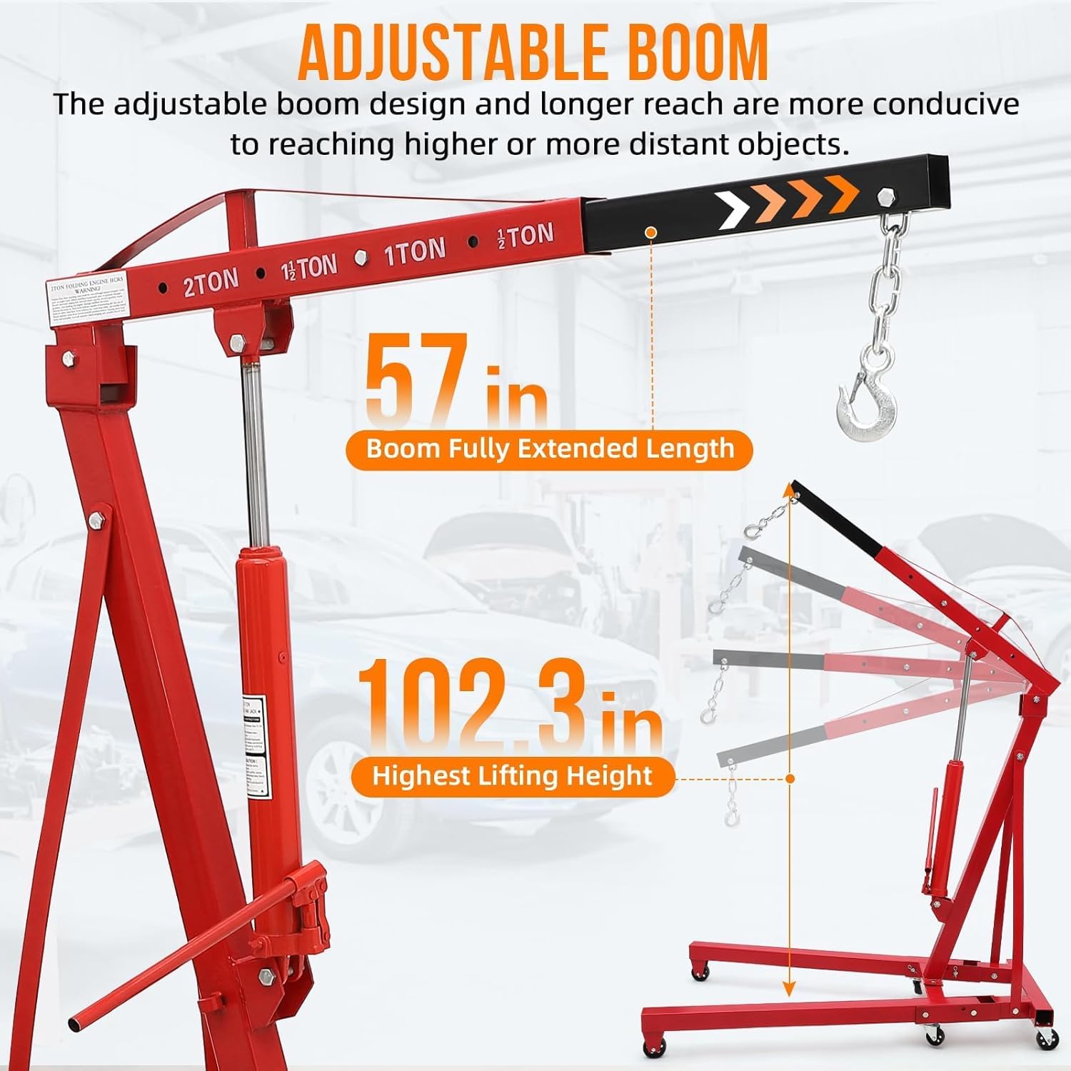 GarveeTech Cherry Picker Engine Hoist, Folding Engine Crane, 2 Ton 4400lb Engine Hoist Lift, Heavy Duty Hydraulic Engine Shop Crane with 6 Casters, Telescopic Boom Hitch, Red