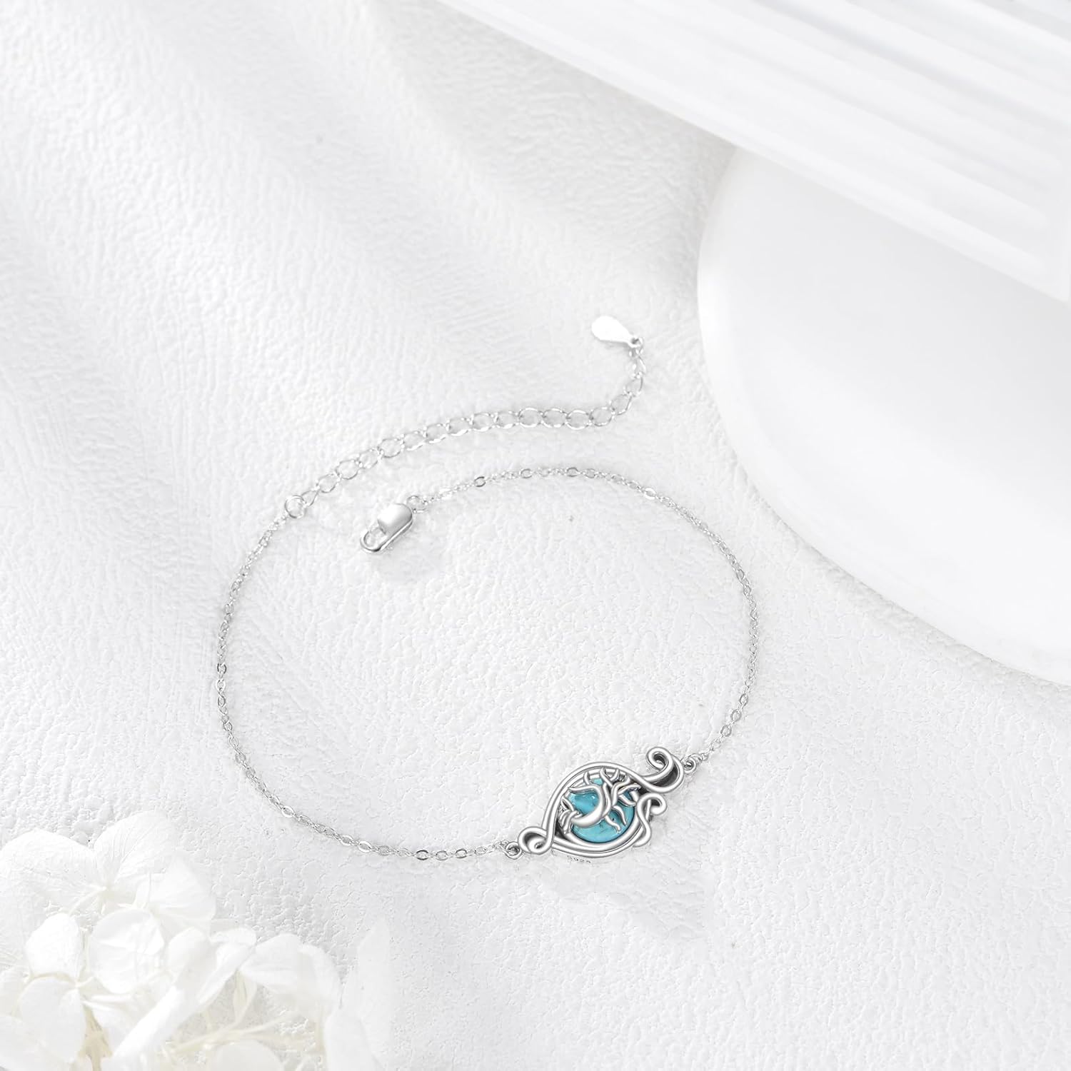 Tree of life Turquoise Bracelet 925 Sterling Silver 8mm Round Natural Turquoise Tree of life Bracelet Jewelry Gift for Women