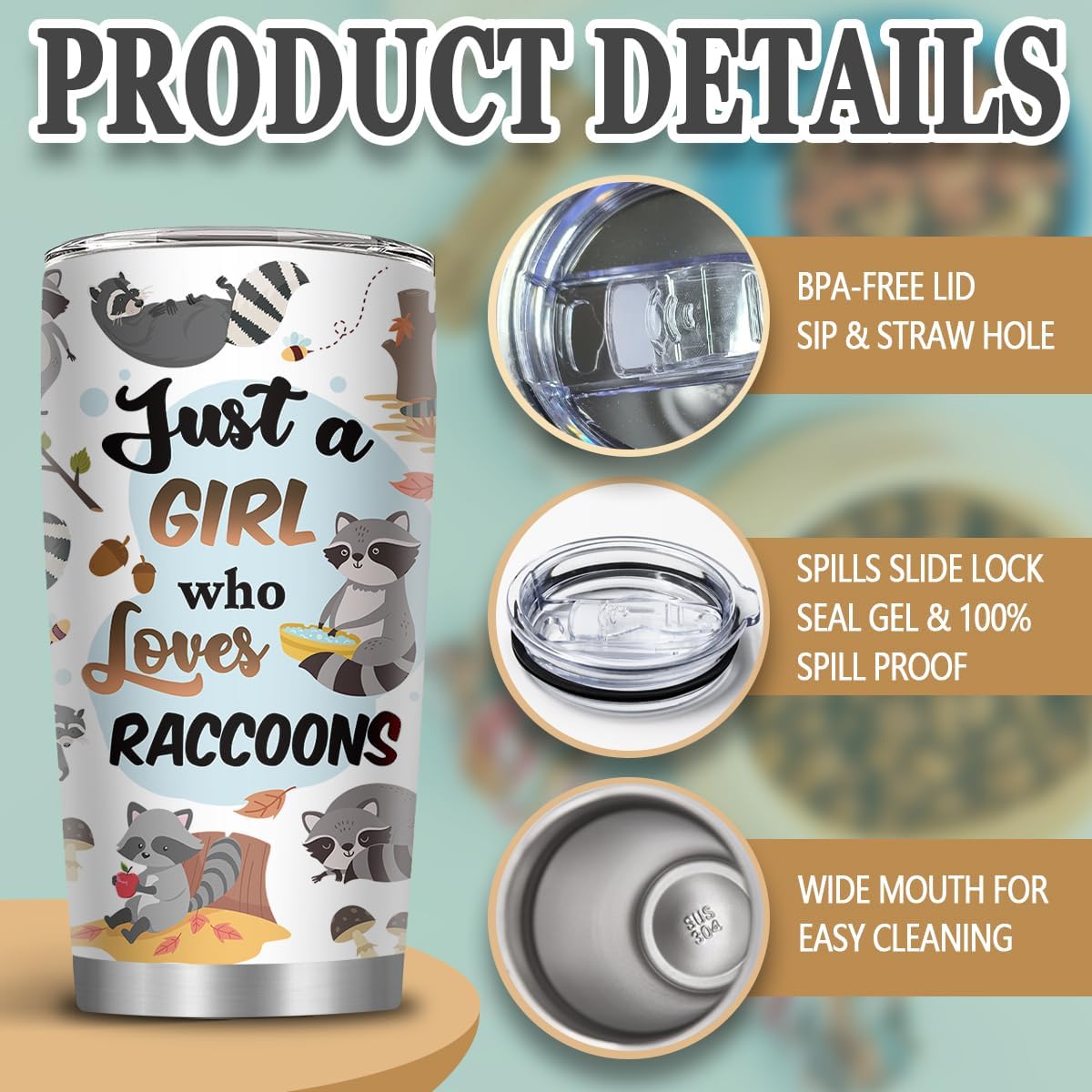 Raccoon Gifts for Women, 20oz Stainless Steel Raccoon Tumbler, Raccoons Mug for Women Sister Bestie Lover Thanksgiving Christmas Birthday Gift, Raccoon Cup with Straw, 1 PCS - Image 3