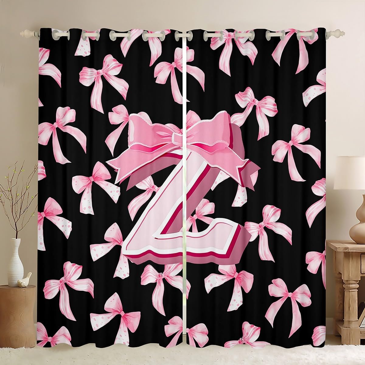jejeloiu Kids Cute Pink Bow Blackout Curtains Initial Letter Z Drapes for Bedroom Living Coquette Bow Knot Thermal Insulated Shades Monogrammed,2 Panels 38 x 45 Inch Personalized Teen Girl Women Gifts