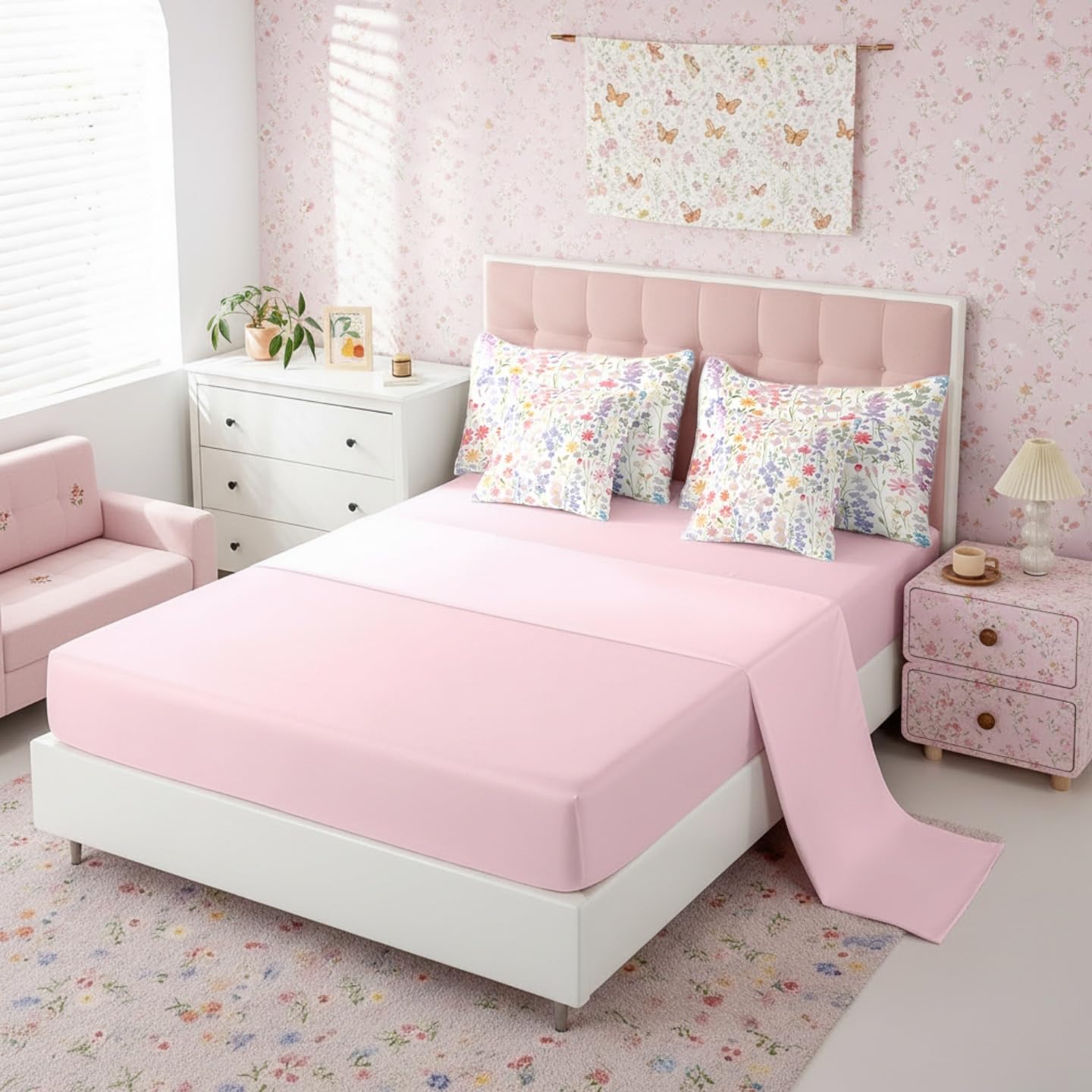Erosebridal 7 Piece Colorful Floral Full Comforter Set with Sheets,Purple Pink Cute Boho Flower Bedding Set for Kids Girls Women,Funky Watercolor Wildflower Bed in a Bag with Pillowcases & Shams