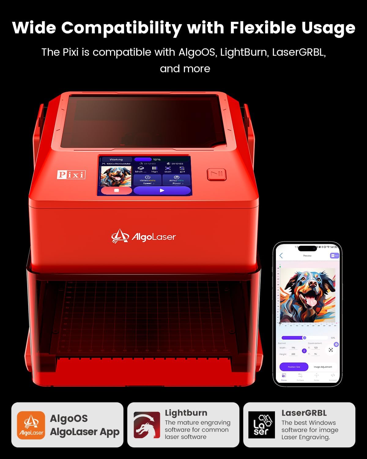 AlgoLaser 5W Laser Engraver Machine: Portable & Smart with 3.5" Touch Screen, Hand Drawing/Wireless/SD Card/Offline Engraving, AlgoOS 2.0 Self Developed System for Wood, Acrylic, Leather