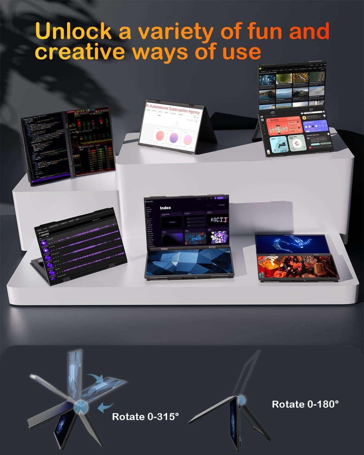 DEPGI 14" Dual Portable Laptop Screen Extender, Stacked Dual Portable Monitor for 13"-16" Laptops, Foldable Triple Screen with 30W PD Adapter, USB-C One-Cable Plug & Play for MacBook, Windows