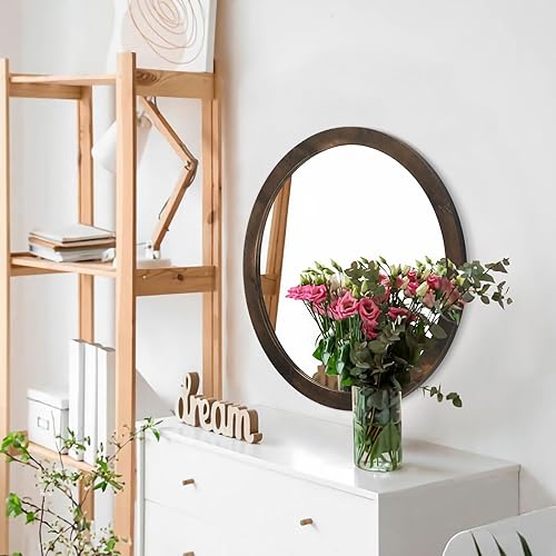 Miniatura 5 de JJUUYOU Espejo de pared circular de 16 pulgadas, espejo de pared redondo de madera para baño, espejo circular marrón rústico para baño, marco de