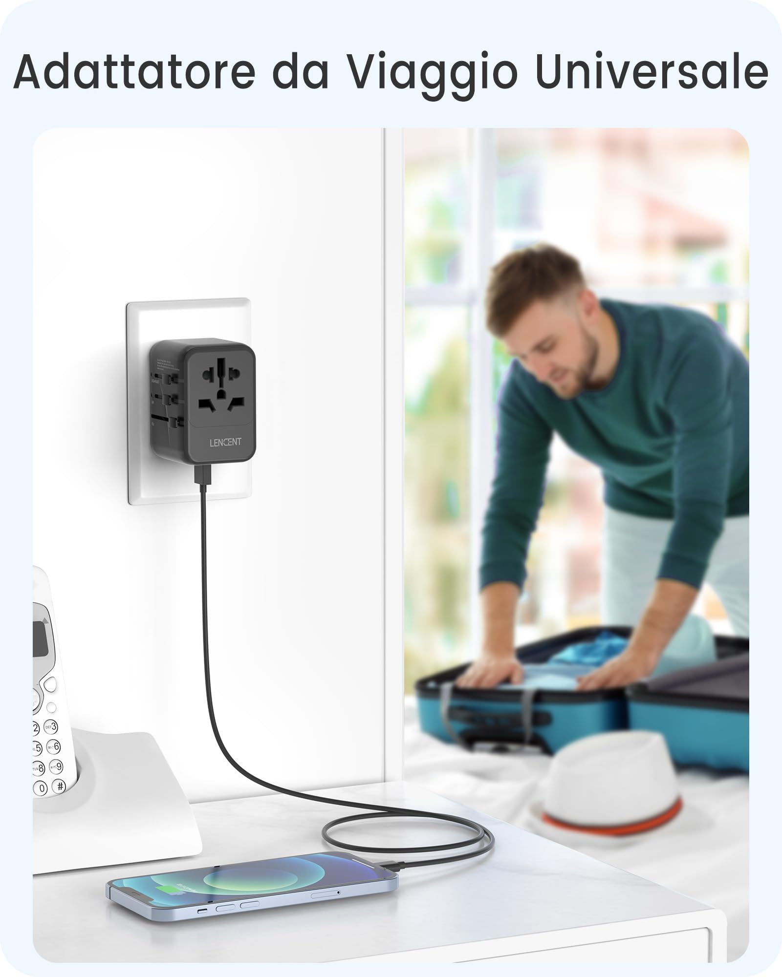 LENCENT Adattatore Universale da Viaggio, Adattatore Spina USA EU UK AUS, Caricatore Internazionale con 3 USB e 1 USB-C per Cellulari Laptop, Tutto in Uno Adattatore Spina per Oltre 200 Paesi -Nero