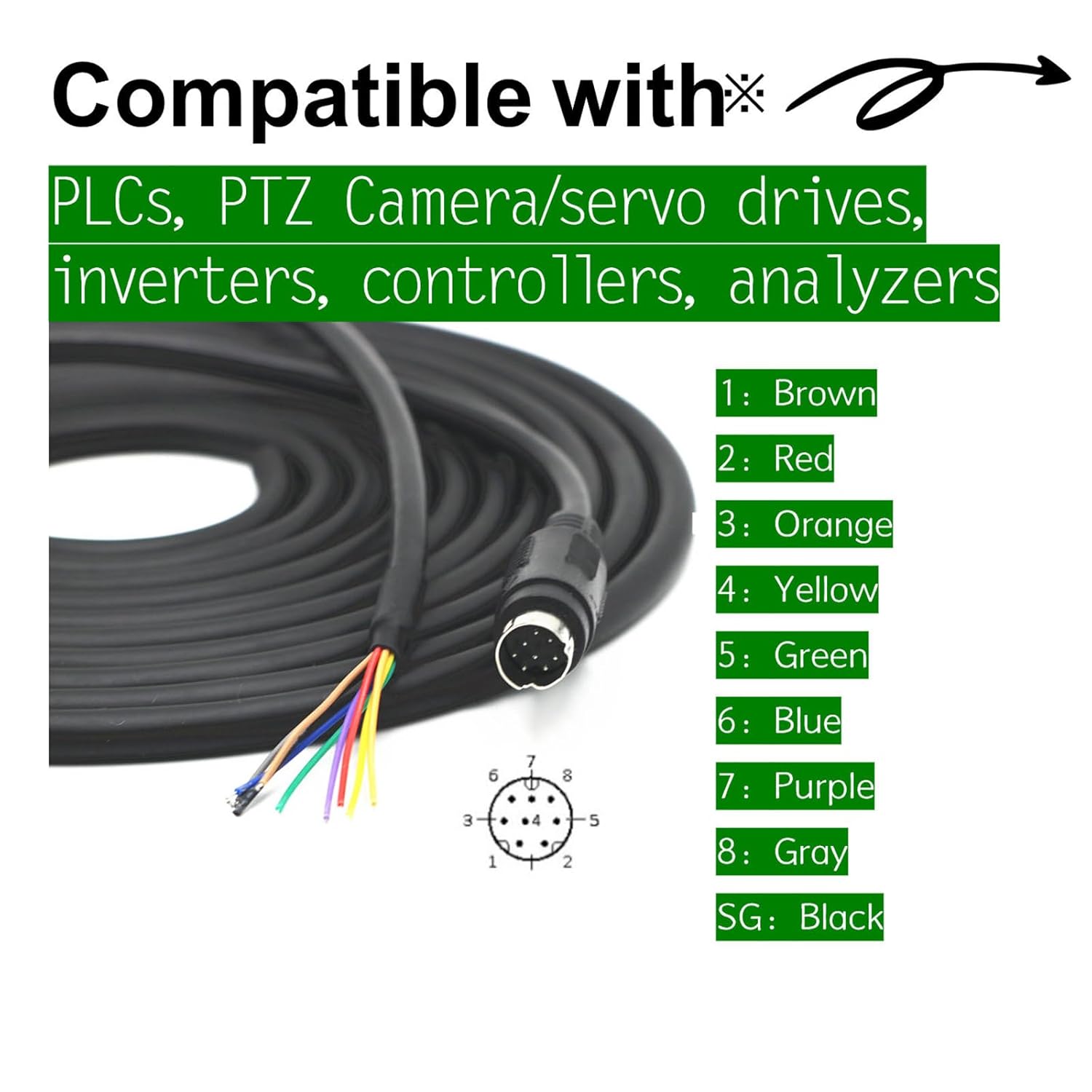 Mini-8P Cable ,Mini DIN 8 pin Male MD8 to Wire End Connecter Adapter Cable for PLCs, Servo Drives, Inverters, PTZ Cameras RS232 Lines | RS422/RS485 Communication Protocols DIY wire (6.56ft/2m)