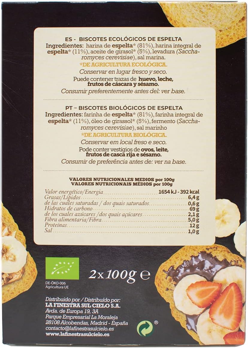 Biscotes de Espelta Bio La Finestra Sul Cielo 200 g 2 Paquetes Tostadas Ecológicas