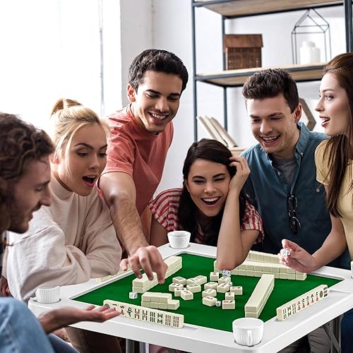 Miniatura 6 de Purpeak Mesa Mahjong plegable de 35 pulgadas para 4 jugadores con 4 sillas plegables, mesa de polietileno duradera, 4 portavasos y 4 bandejas de