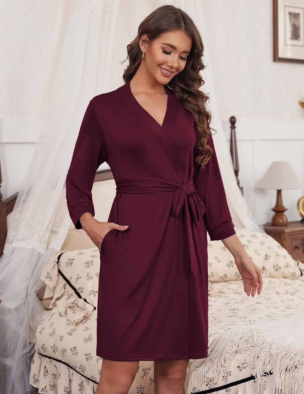 HOTOUCH Womens Robe Lightweight Short Knit Bathrobe Soft Ladies Sleepwear with Pockets - Image 2