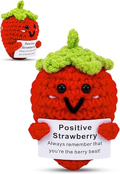 Crochet Positive Strawberry Gifts for Friends - Women Mom Sister Her Girlfriend Gifts for Valentines Day Birthday - Handmade Cute Strawberry with Inspirational Support Card Emotional Lucky Gift