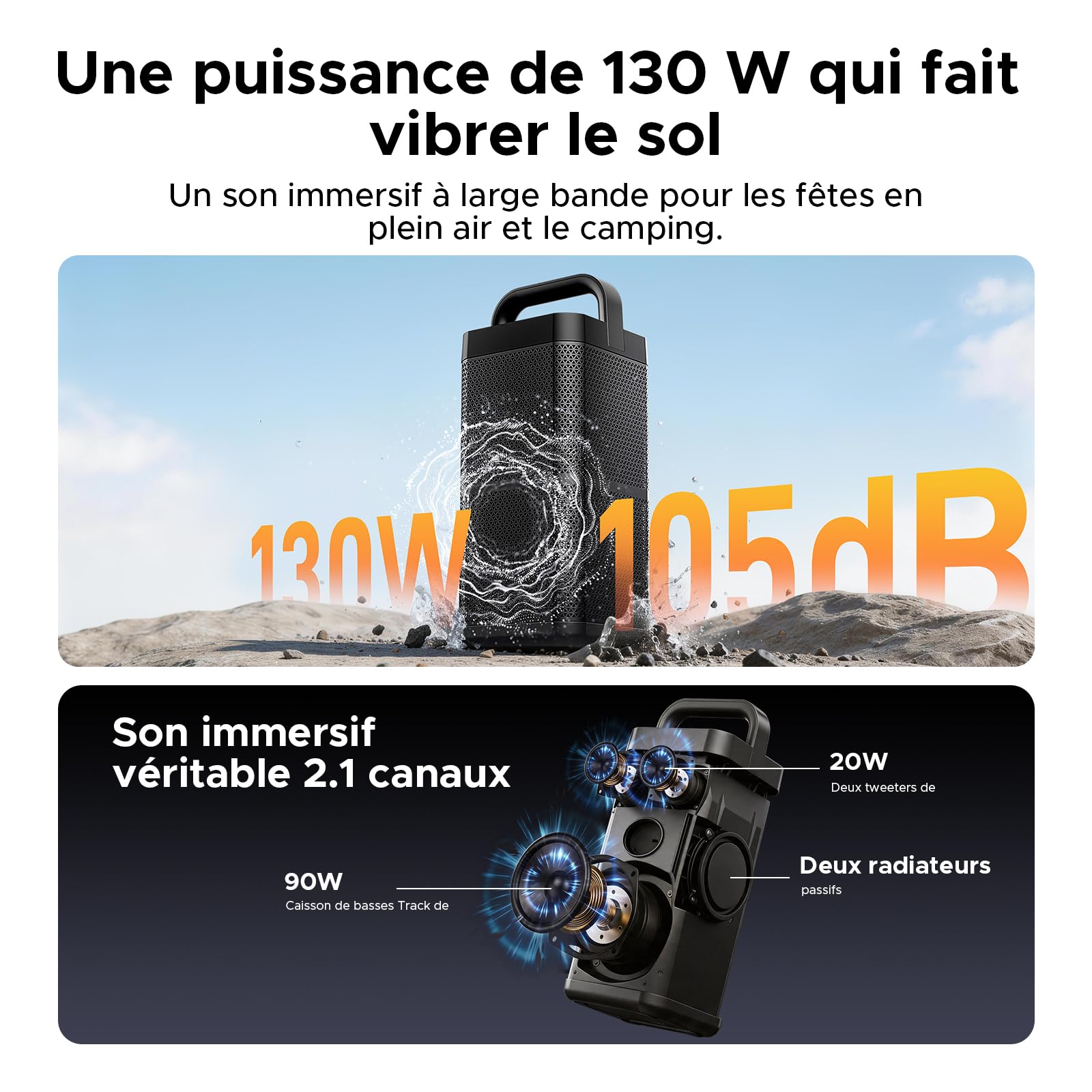 Enceinte Bluetooth Puissante 130W Crête Enceinte Portable avec Basses Renforcées, Boîtier Métallique, 20000mAh Batterie, Charge Rapide 60W, 13H Autonomie, IP66 Étanche,DSP,TWS pour l'extérieur,Camping