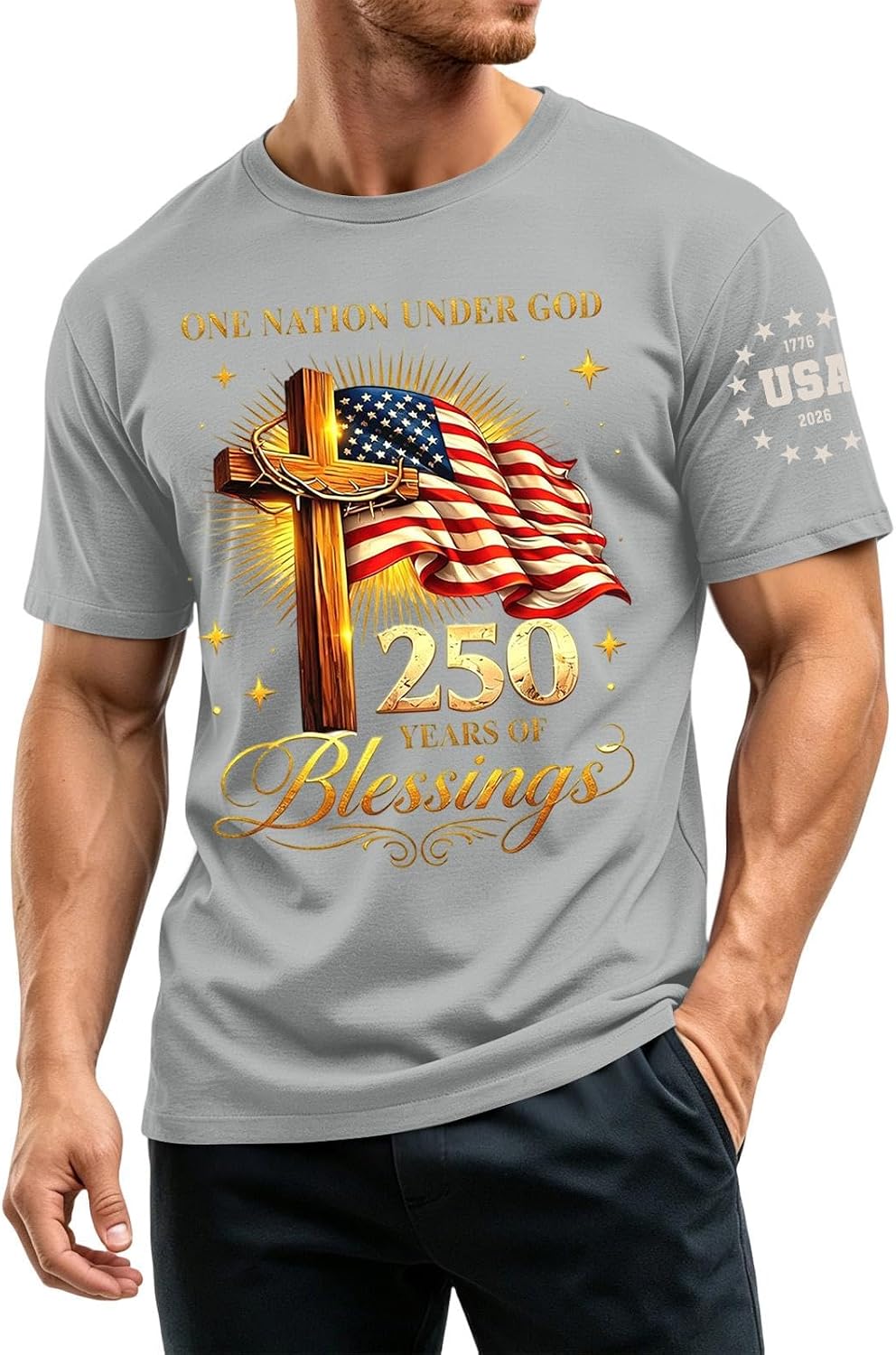 Ymosrh Men's 250th Anniversary USA Shirts Sleeve American Flag and Cross Print Independence Day Patriotic Shirts, S-5XL