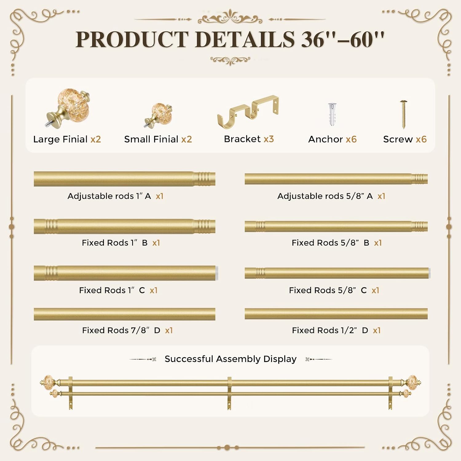 Double Curtain Rod, Decorative Crystal Dual Rod 36-60 Inch, Gold
