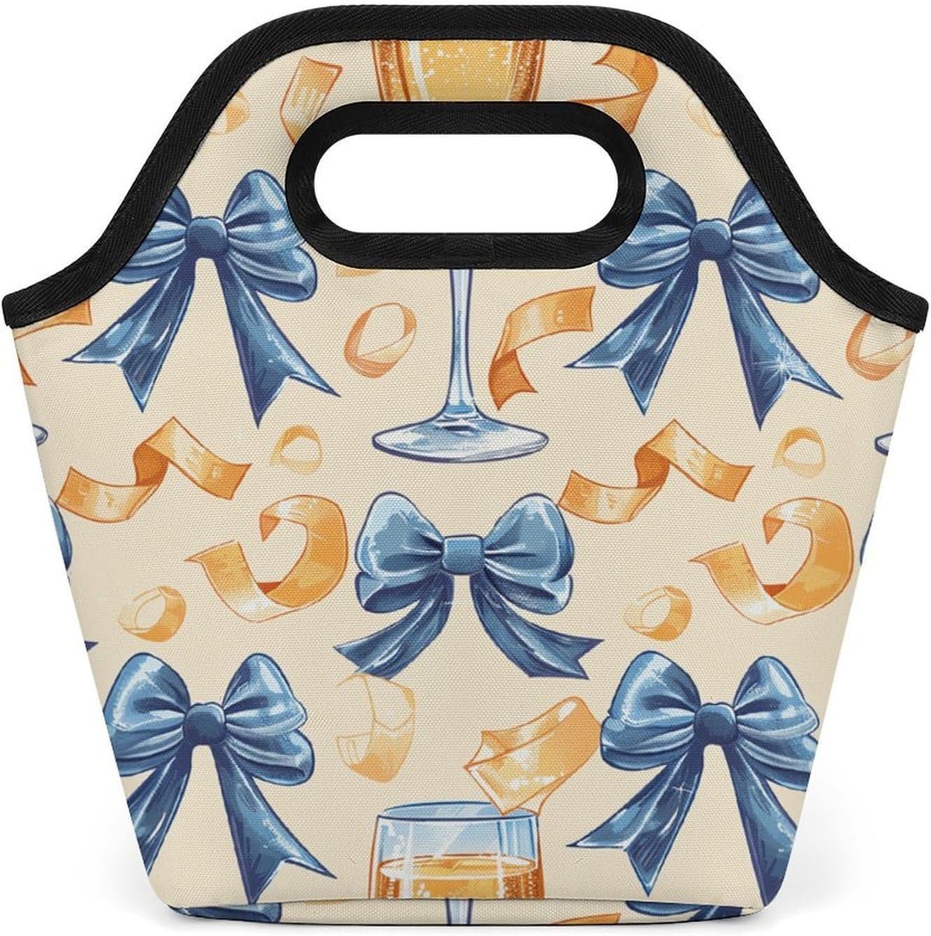 Lunch Box for Women Men Champagne Glasses Blue Bows Ribbons Portable Insulated Waterproof Reusable Lunch Bag for Office Hiking