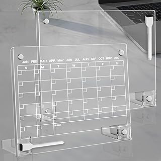 2PCS Clear Acrylic Calendar Dry Erase Board with Stand for Desk, 16x12 Large Desktop Monthly Whiteboard Magnetic Memo Board for Fridge, Office, School, Home