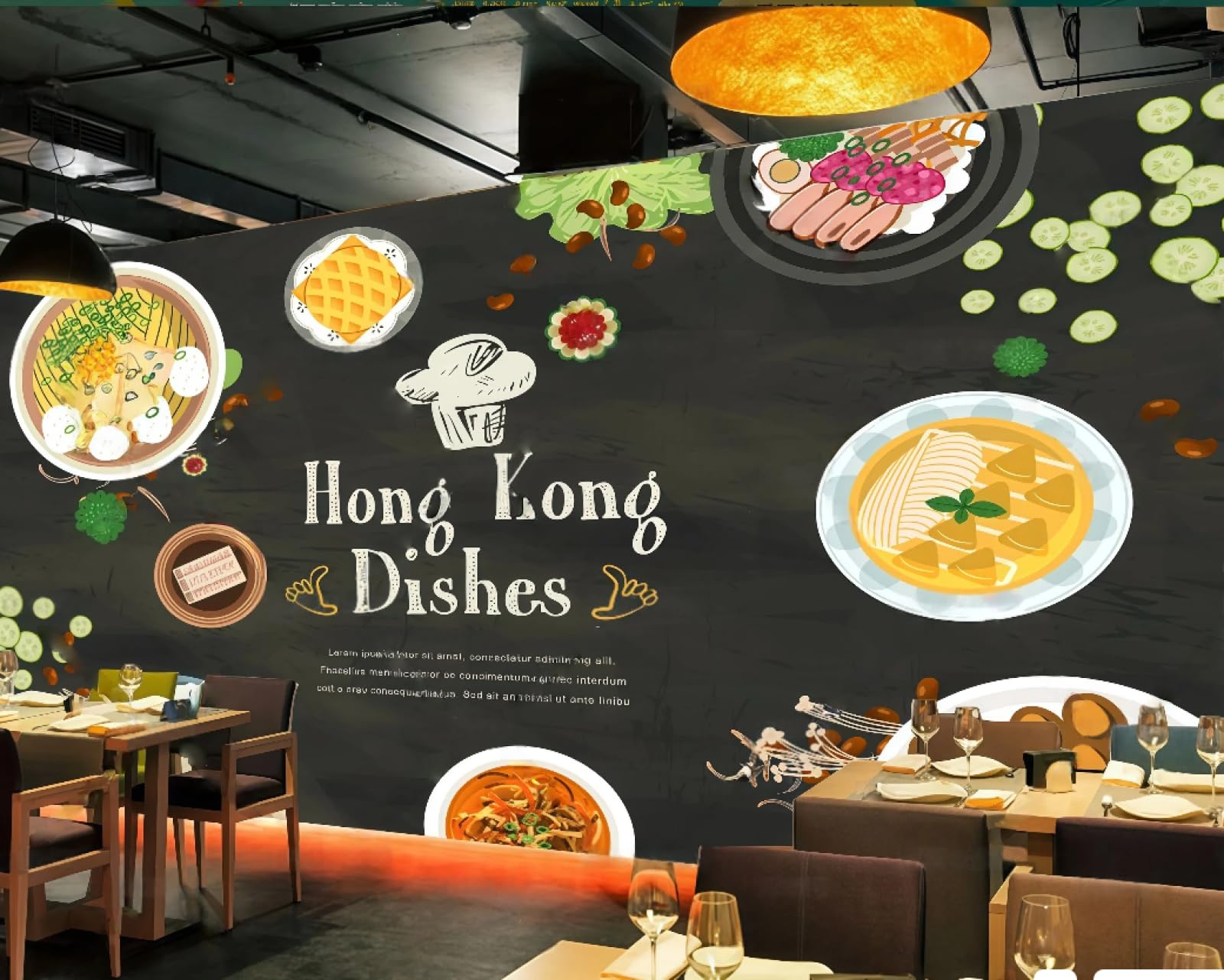 XDOUBAO Wallpaper Fashion Blackboard Hand-Painted Delicious Green Gourmet Noodles Theme Afternoon Tea Western Restaurant Background Wall Wallpaper Coffee Shop Mural,3D,200x140cm