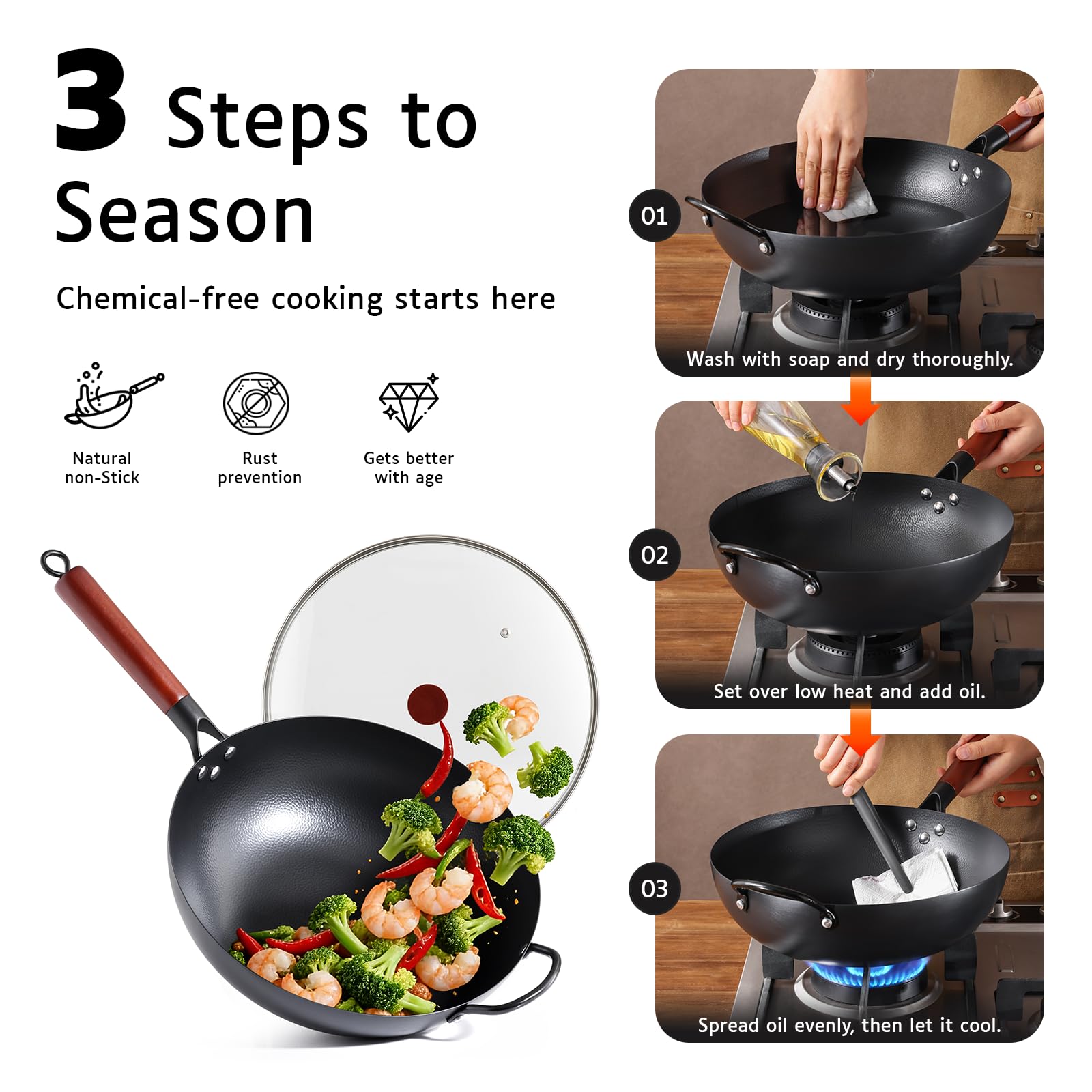 Kordisen Wok de Acero al Carbono 32cm con Tapa, Mango de Madera, Fondo Plano para Inducción y Gas, Antiadherente Natural, Gran Capacidad para 3-6 Personnes, Sartenes para Saltear Estilo Asiático | 17 cm Flachboden für Induktion, Gas, Elektro und Glaskeram