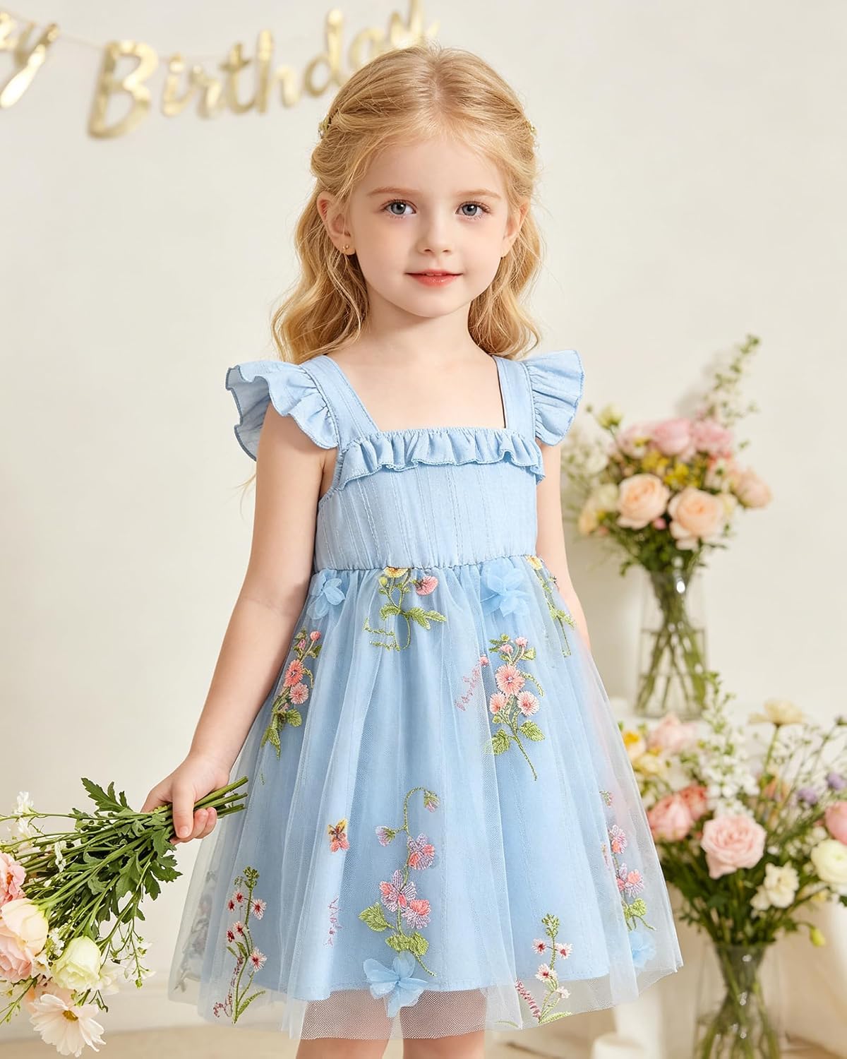 Toddler Girl Tulle Dress Casual Summer Floral Fairy Sundress for Girls Outfits Birthday Wedding Party 1-5T