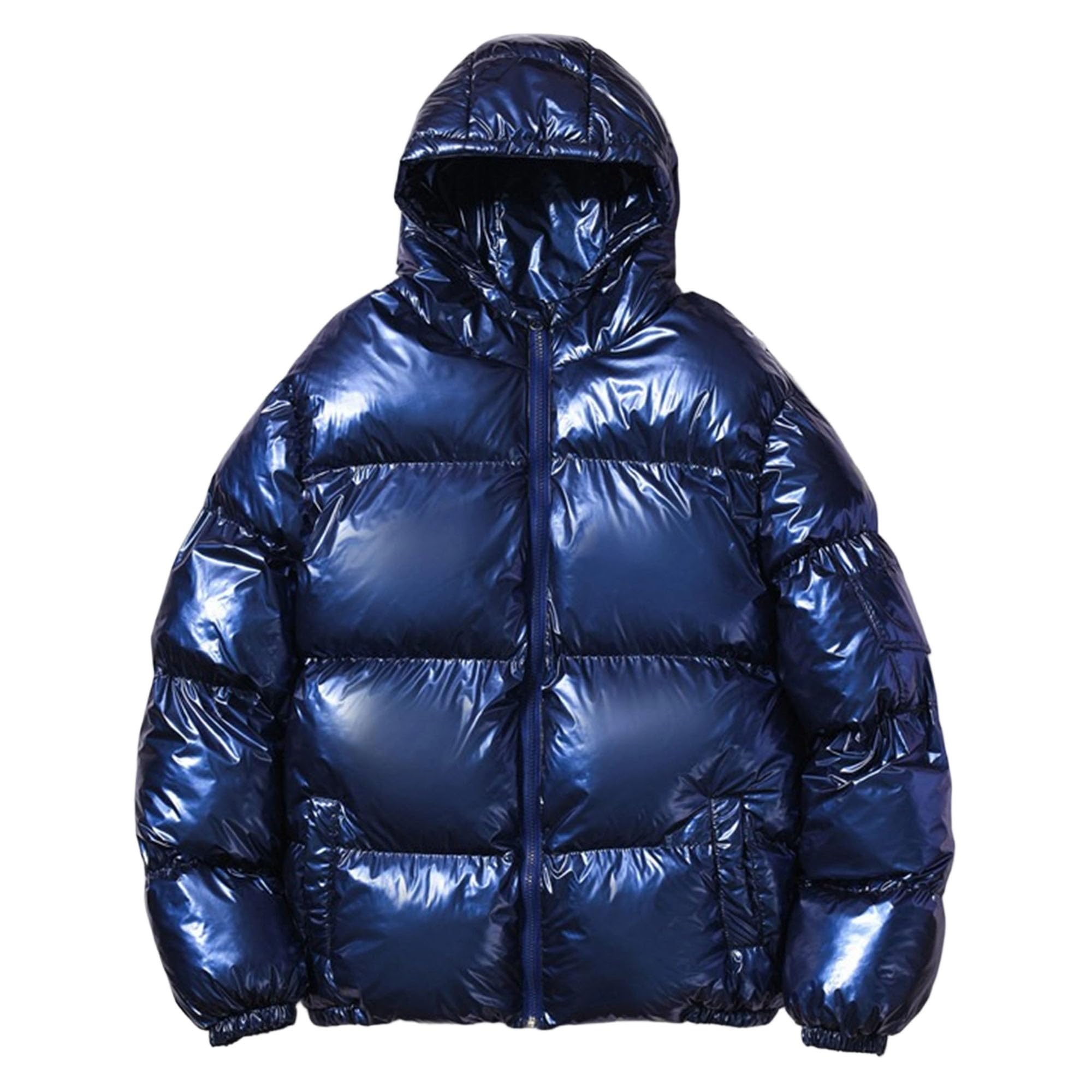 Giacca invernale da uomo con cappuccio metallizzato, trapuntata, lucida, trapuntata, con tasche