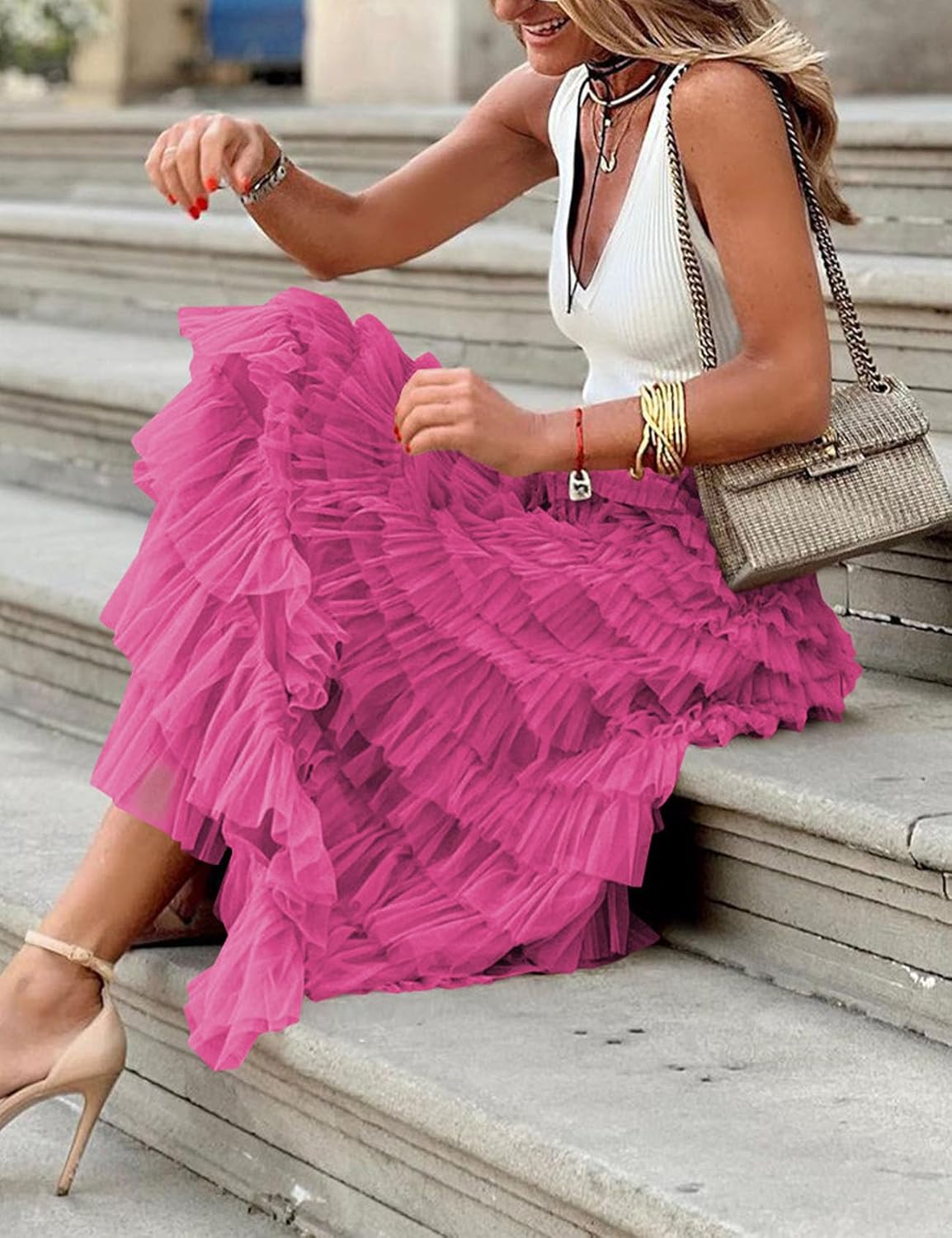 Flygo Women's Long Maxi Tulle Skirts A Line Ruffle High Waisted Tiered Layered Mesh Tutu Skirt Petticoat - Image 6