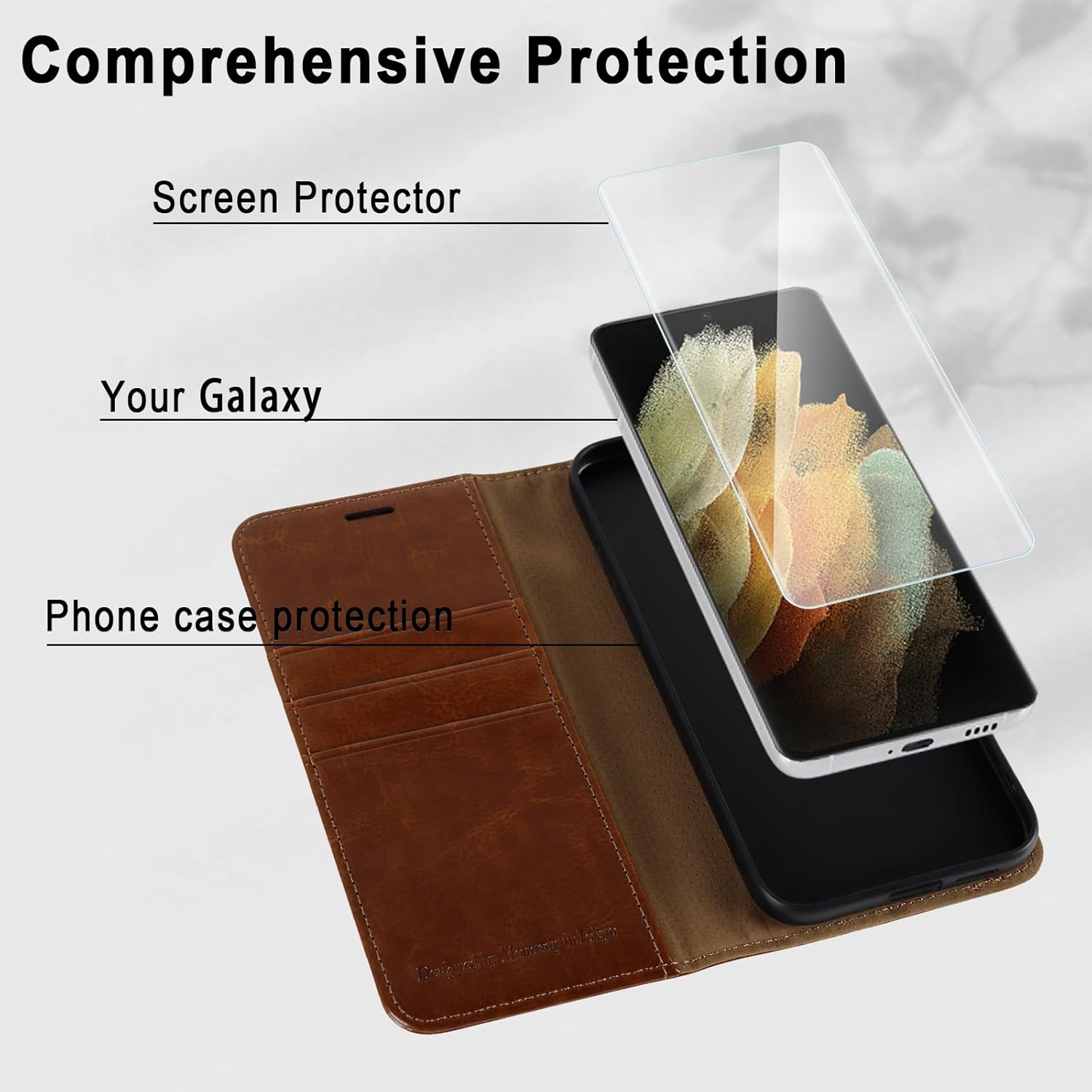 MONASAY Wallet Case Compatible for Galaxy S21 Ultra 5G, 6.8 inch [Screen Protector Included][RFID Blocking] Flip Folio Leather Cell Phone Cover with Credit Card Holder, Brown - Image 5