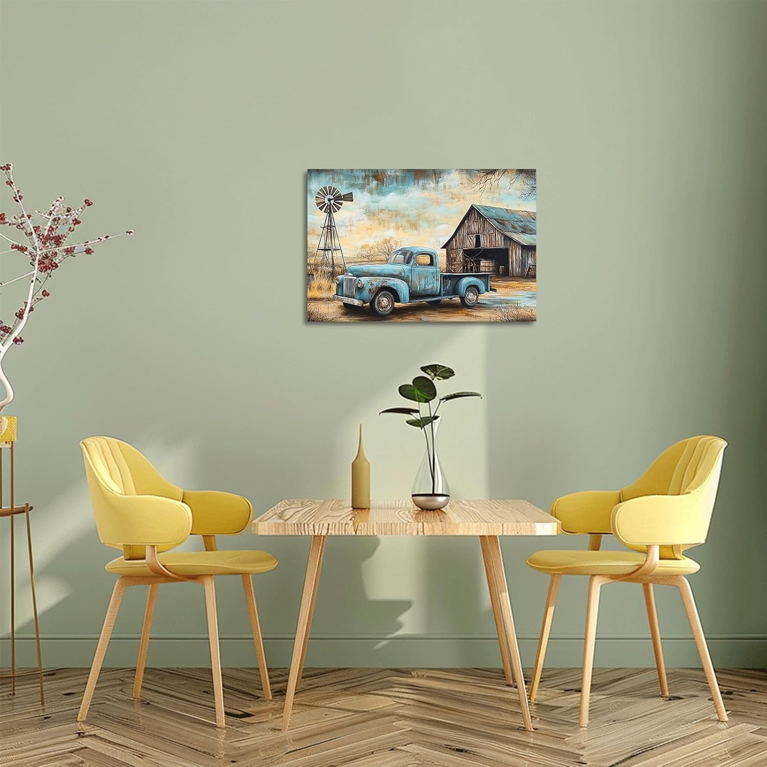XLMDYYSW Farmhouse Truck Wall Art Rustic Old Barn Paintings Vintage Truck and Flower Canvas Prints Country Landscape Picture for Living Room Bedroom Framed (Blue, 12.00" x 18.00")