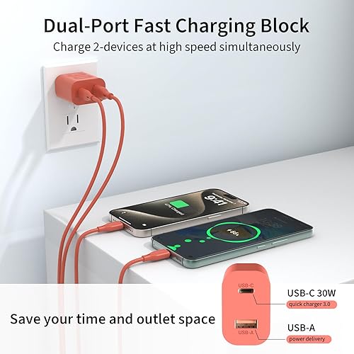 Miniatura 6 de Cargador USB C GaN de 30 W para iPhone, adaptador de corriente de bloque de carga rápida de doble puerto con cable USB-A a Lightning de 5 pies