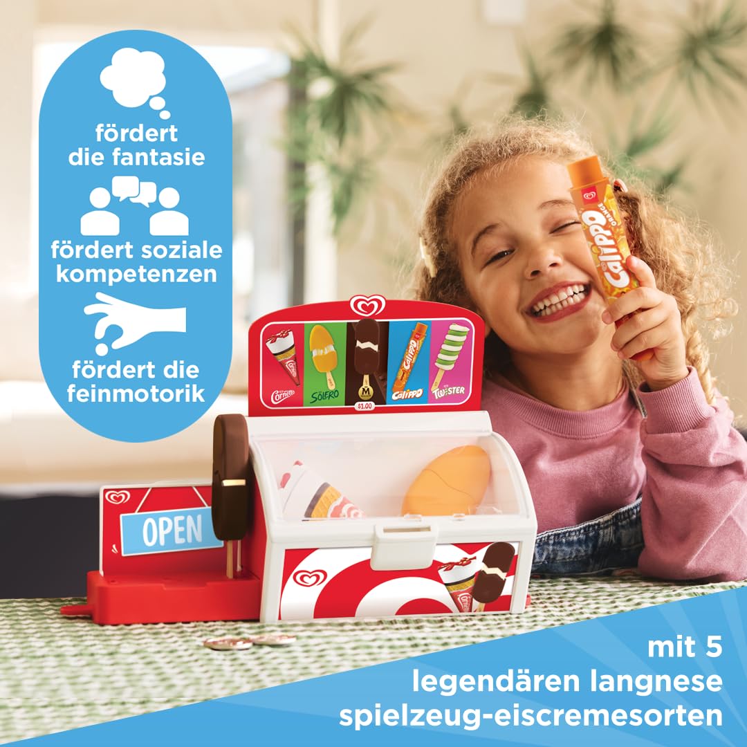 Authentische Langnese Spielzeug-Eistruhe von Casdon | Laden-Spielset für Kinder ab 2 Jahren | Mit ausziehbarer Ablage, Spielmünzen und 5 authentischen Langnese Eiscremes