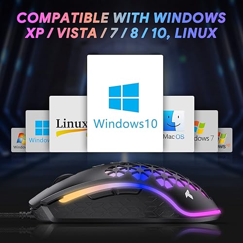 Miniatura 6 de TECURS Mouse para juegos con cable mouse con cable de 12000 DPI mouse óptico USB para juegos de PC con 8 botones programables mouse RGB ultraligero