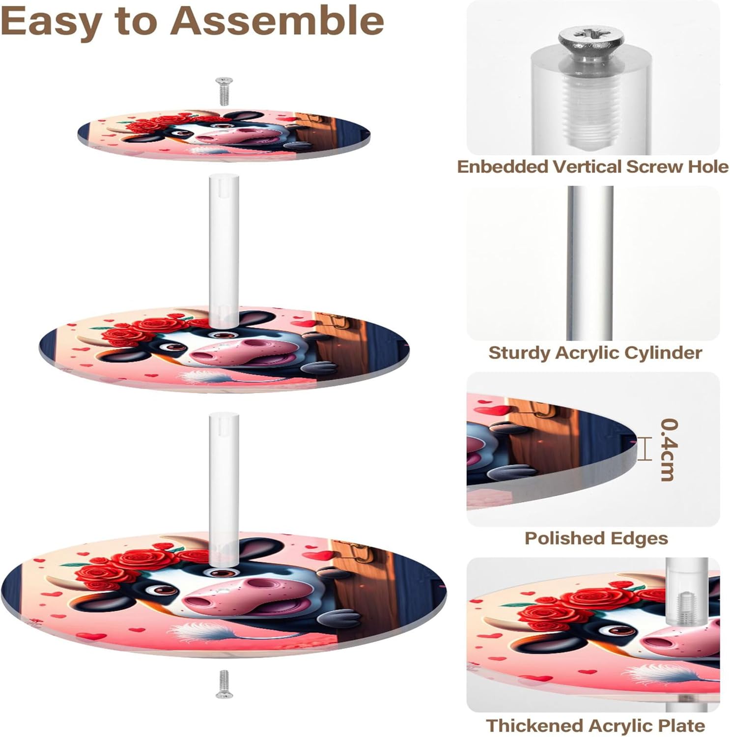 Tea Party Cupcake Stand 3 Tier Round Acrylic Cup Cake Tower Display Table Dessert Stand Tea Party Decorations Treat Graduation Cartoon Cow Floral