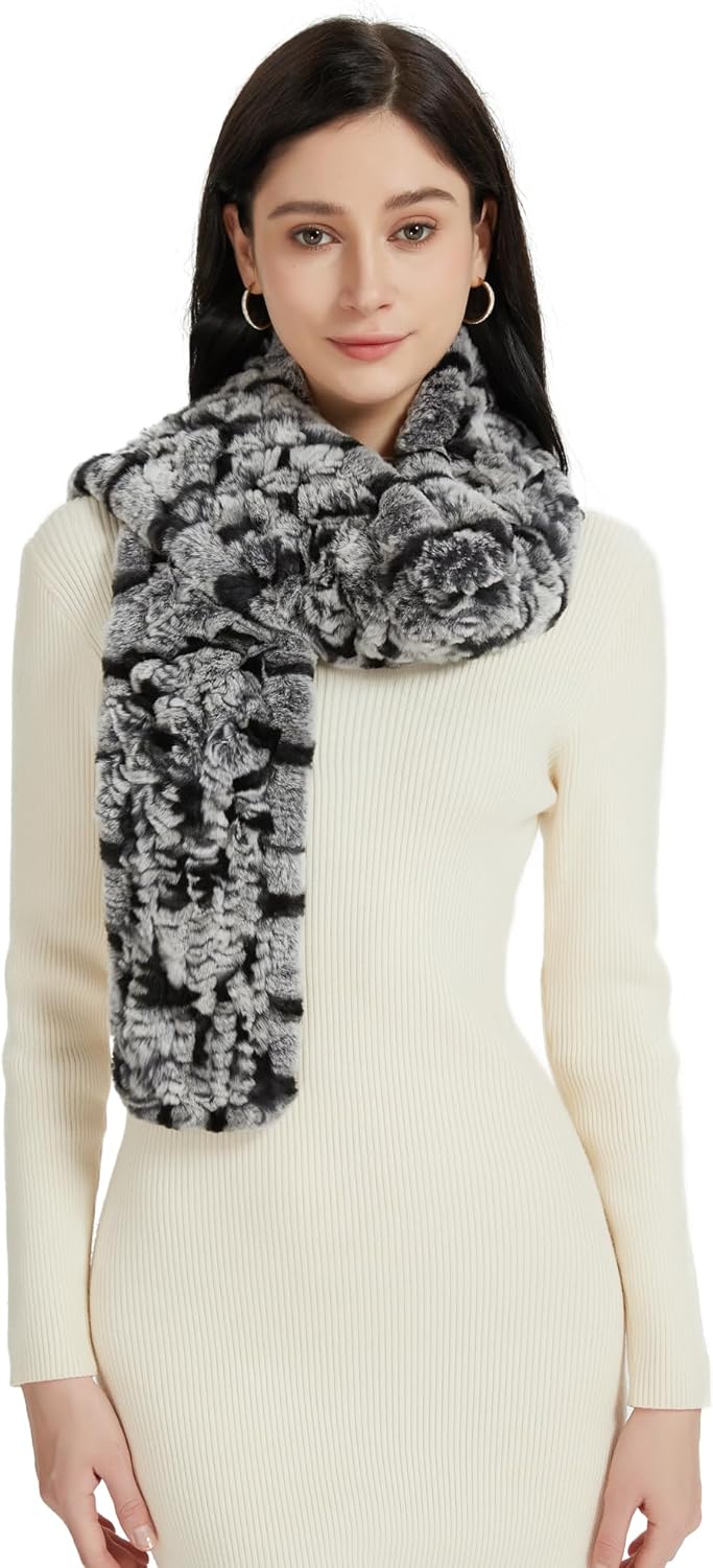 Fur Story Women's Rex Rabbit Fur Scarf Ladies Winter Warm Knitted Long Crochet Fashion Scarf Scarves for Women Men