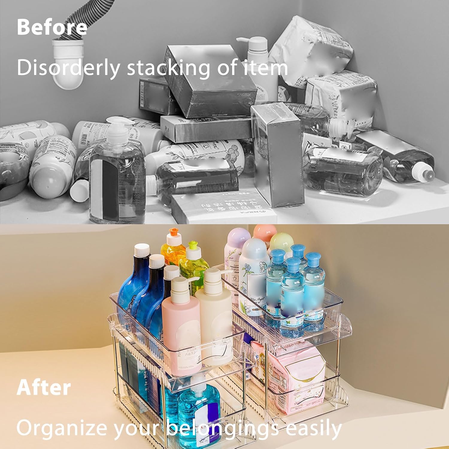 EVGATSAUTO Drawer Organizer, 2-Pack Transparent 2-Tier Pull-Out Storage for Under Sink Cabinet, Plastic Slide-Out Organizer