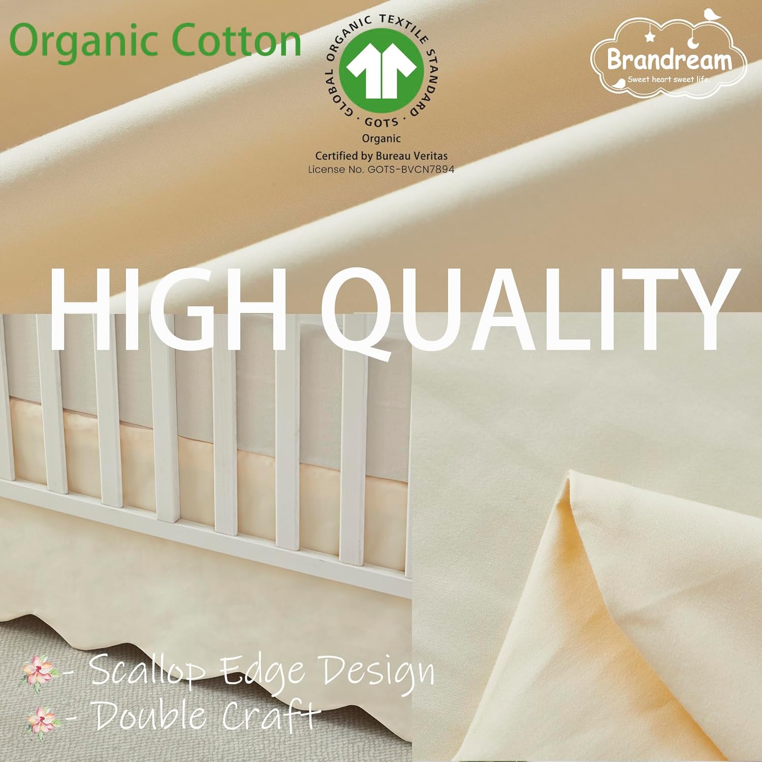 Brandream Scallop Edge Cotton Crib Skirt Toddler Bedskirt Baby Nursery Crib Bed Skirt Boho Bohemian Neutral Solid Color Vintage Ivory Cream Off Farmhouse Chic Boho Bohemian Skirt