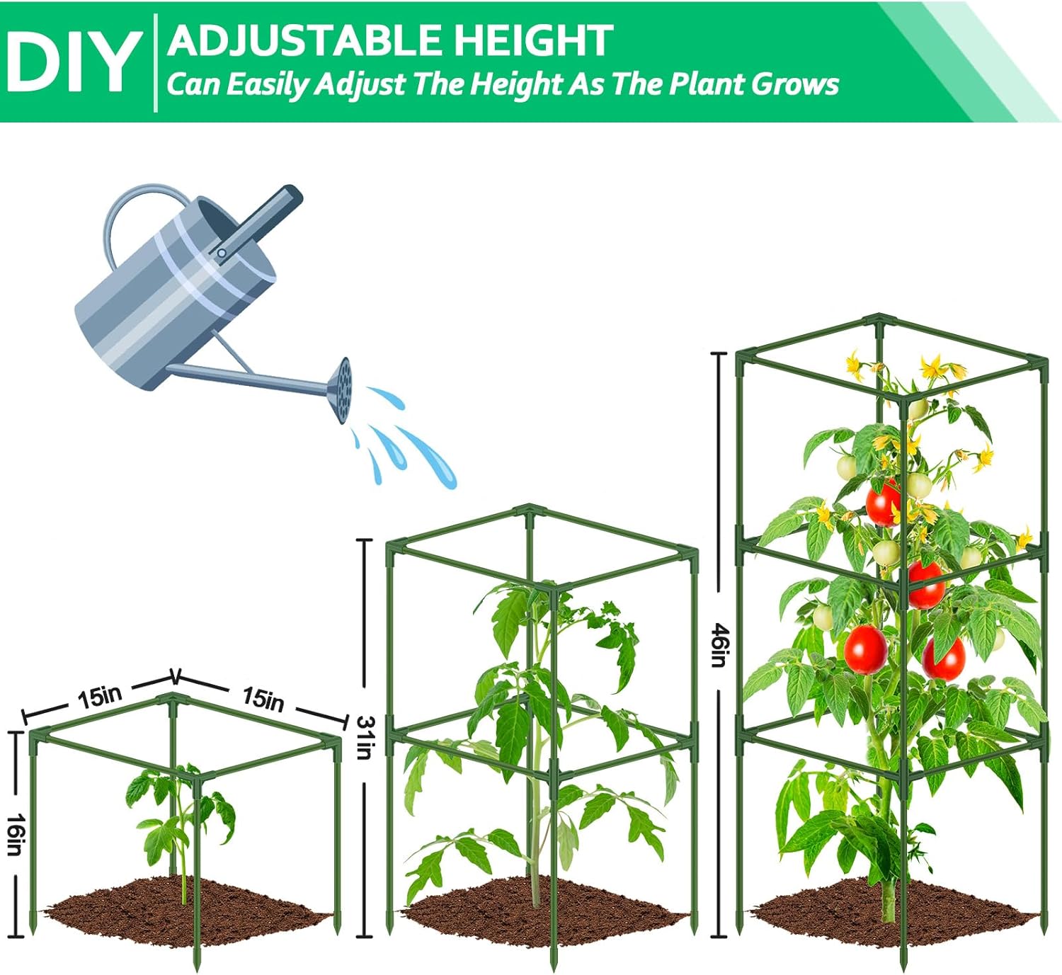 WLLEYAY 3 Pack Square Tomato Cages with 17 Gallon Grow Bags, 46'' Upgraded Heavy Duty Steel Garden Plant Support Stakes Kit, Flowers Vegetable Trellis for Vertical Climbing Plants Vines