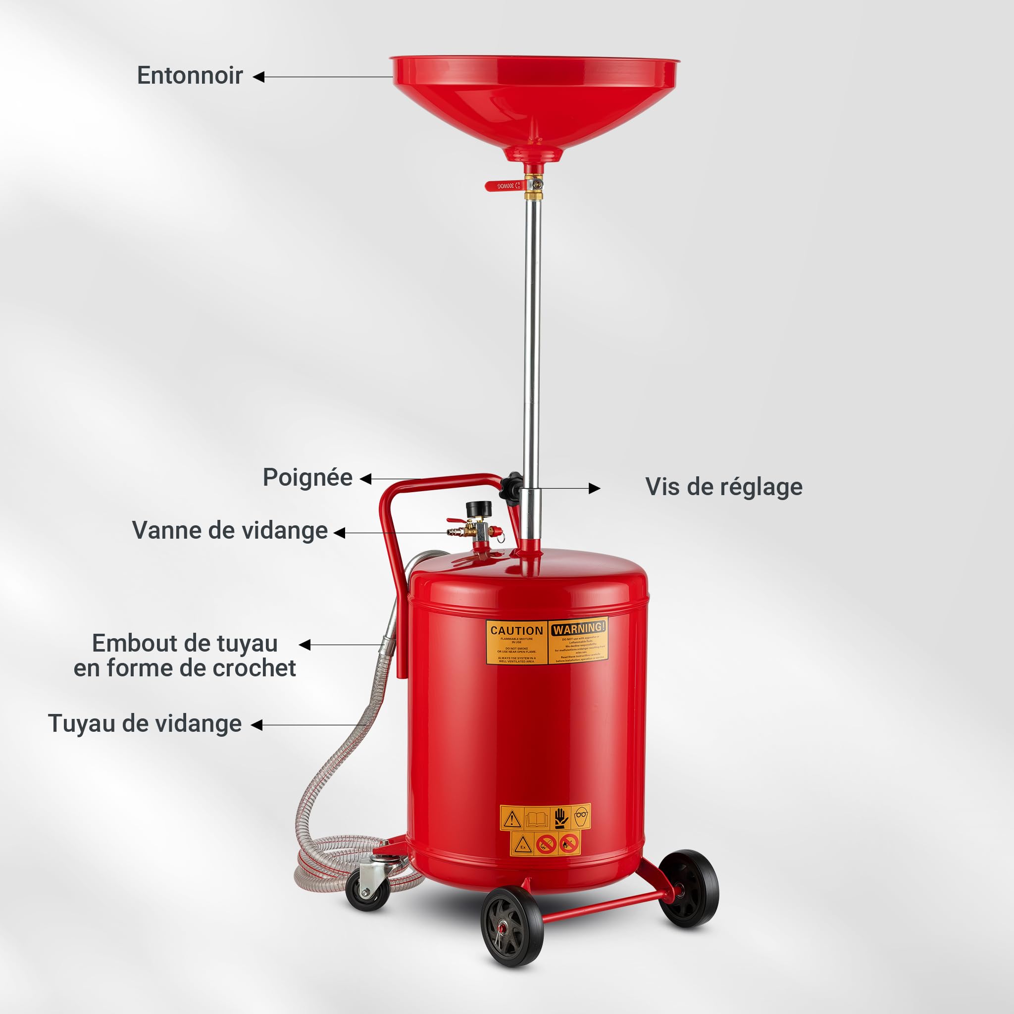Wiltec Appareil Récupérateur d’huile Pneumatique Rouge Réservoir 68 L Hauteur réglable 98-157cm 4 Roues Vidange Huile usagée Chariot Récupération Huiles Nettoyage Accessoires Atelier Garage Automobile