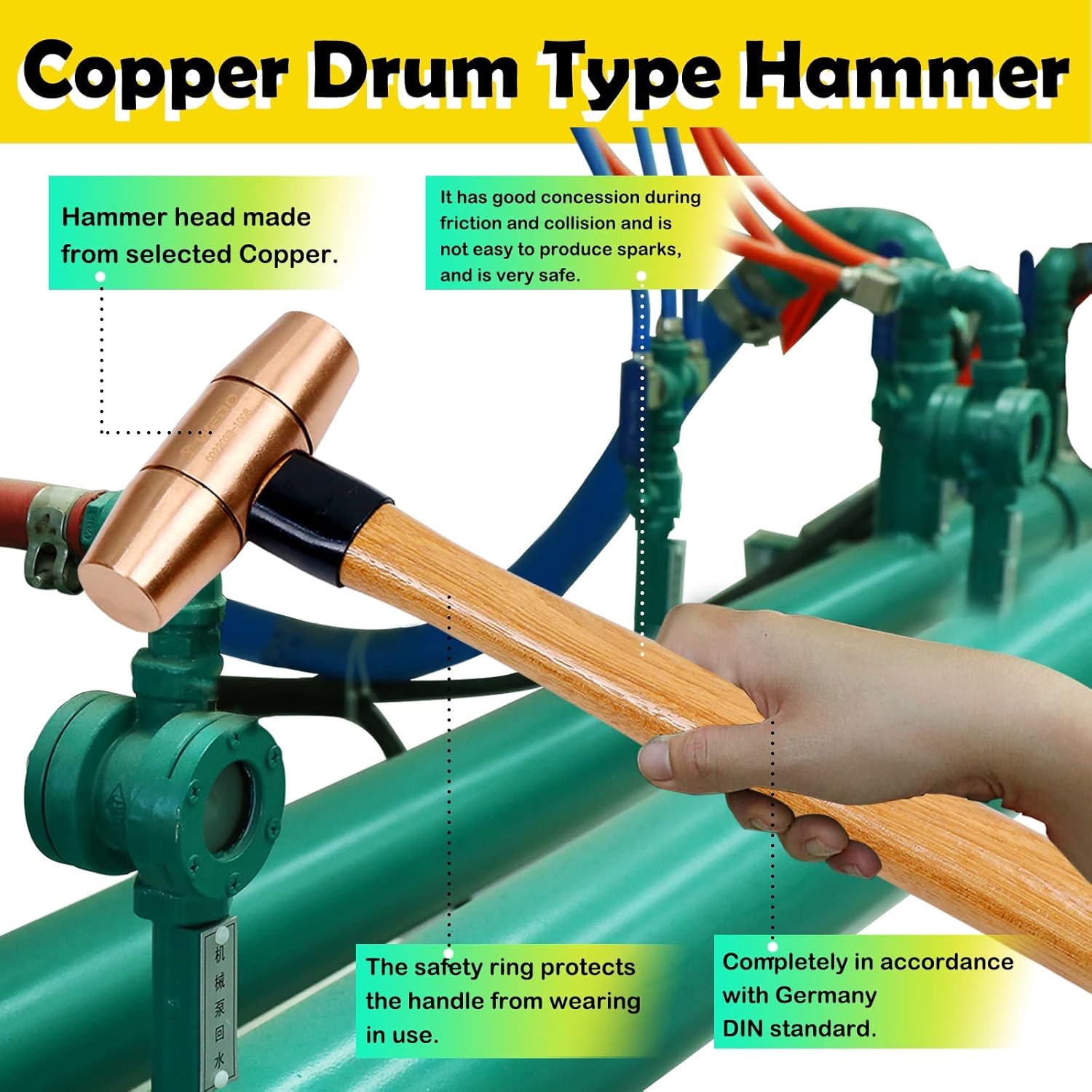 WEDO Copper Sledge Hammer 1-1/2lb,Solid Copper Mallet Hammer,Fiberglass Handle,Length 340mm,Die-Forged, Corrosion Resistant, DIN Standard