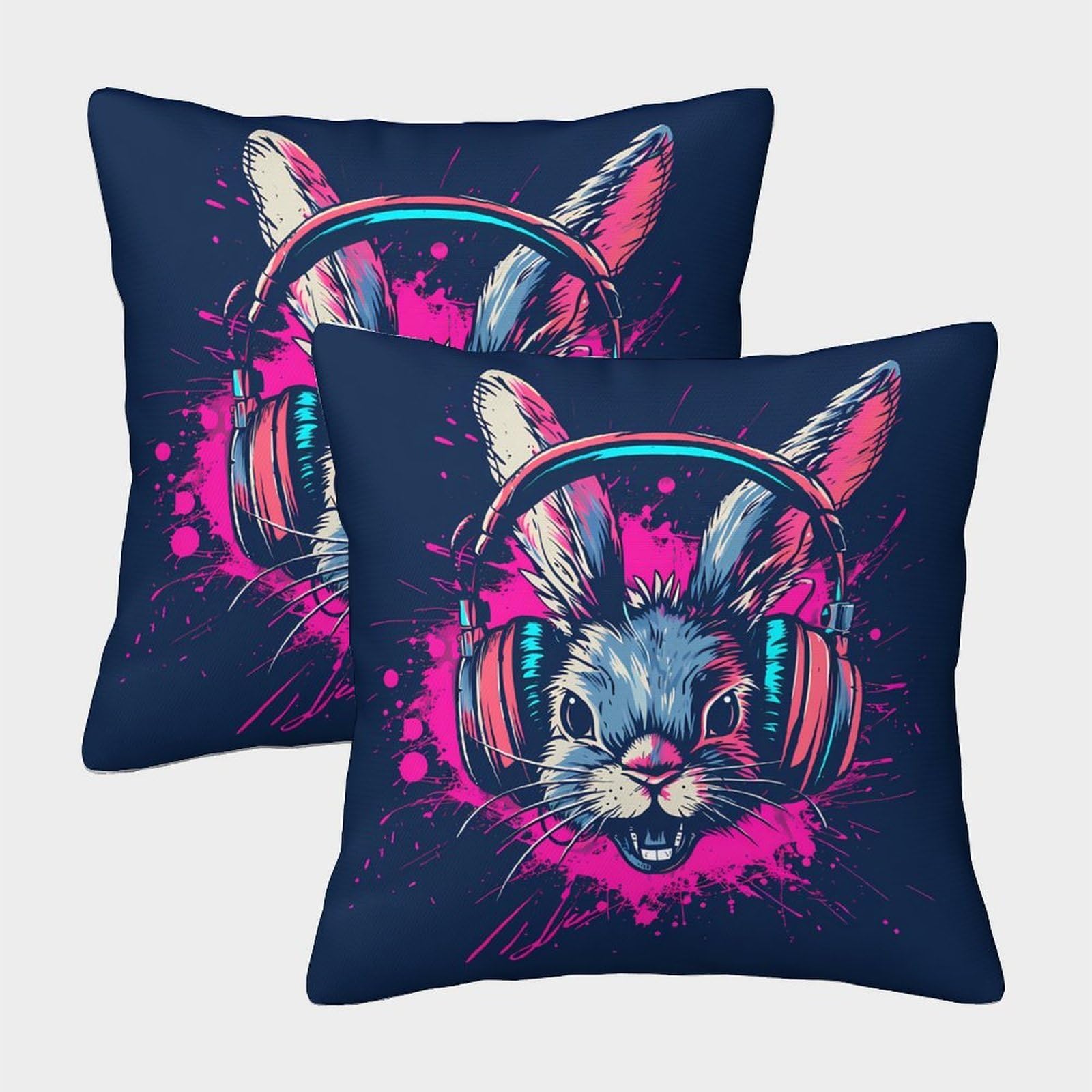 QFVANSIYO 3D Printed Graffiti Music Rabbit Pillowcase Microfiber Bedding Decor Washable Bunny Pattern Pillow Cover for Adults Teens 40x40cm