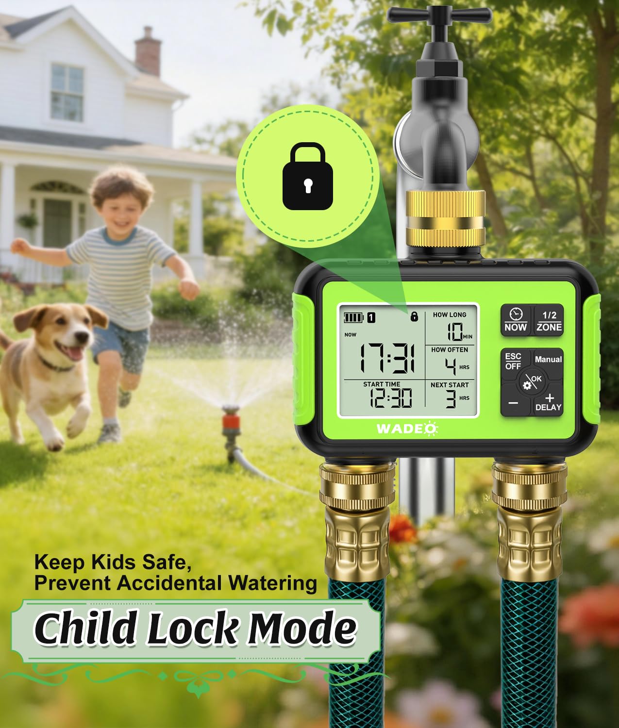 Timer irrigatore con uscita di ingresso in ottone per tubo da giardino, timer per tubo dell'acqua da esterno a 2 zone con ritardo della pioggia/auto/manuale/blocco bambini, controller di irrigazione a