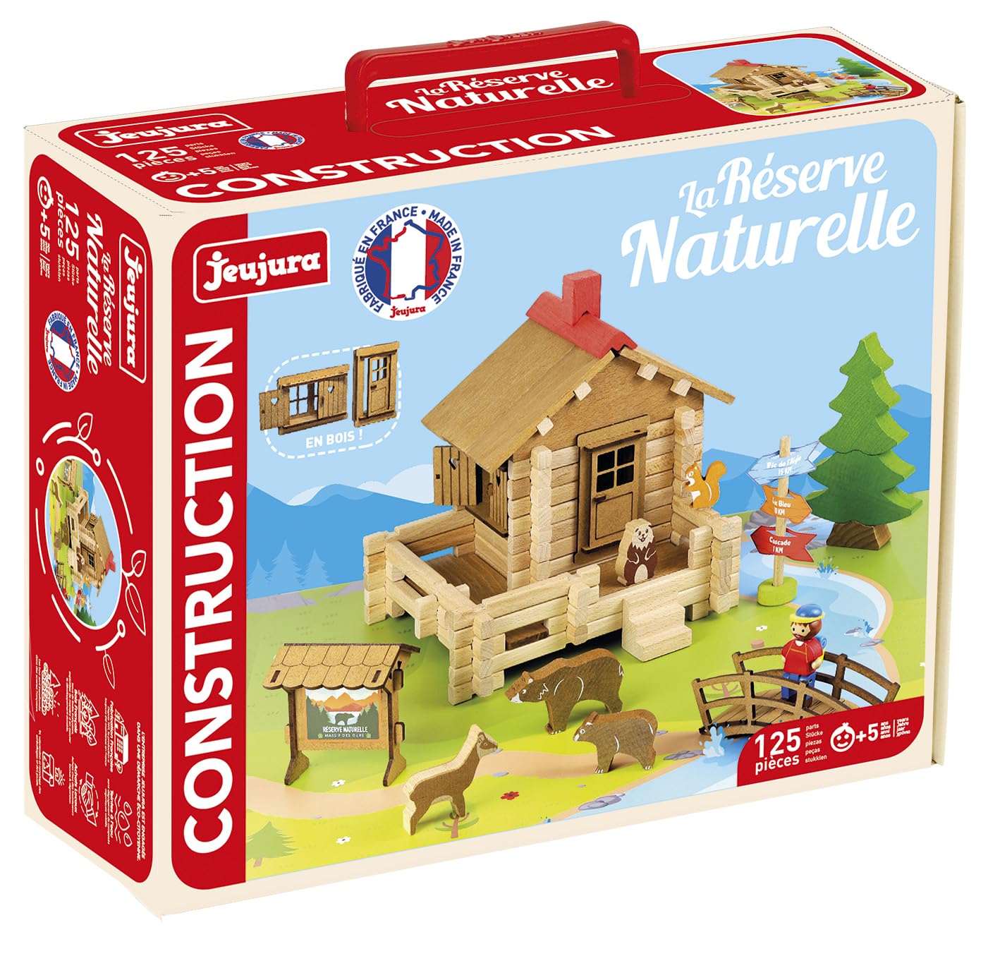 Jeujura - Réserve Naturelle 125 Pièces - Jeu de Construction 5 Ans - 8093 | Personnages, animaux et tapis de jeu inclus - Valisette de rangement - Jeu en bois enfant - Imagination - Fabriqué en France